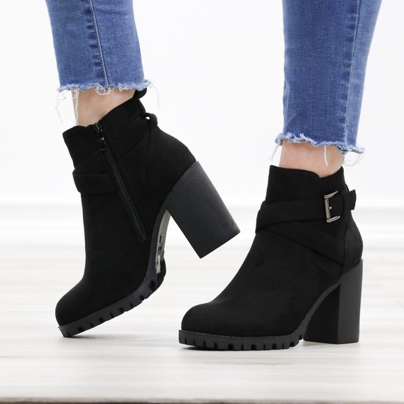 Faux Suede Black Lug Sole Ankle Boots - Picture 12 of 14